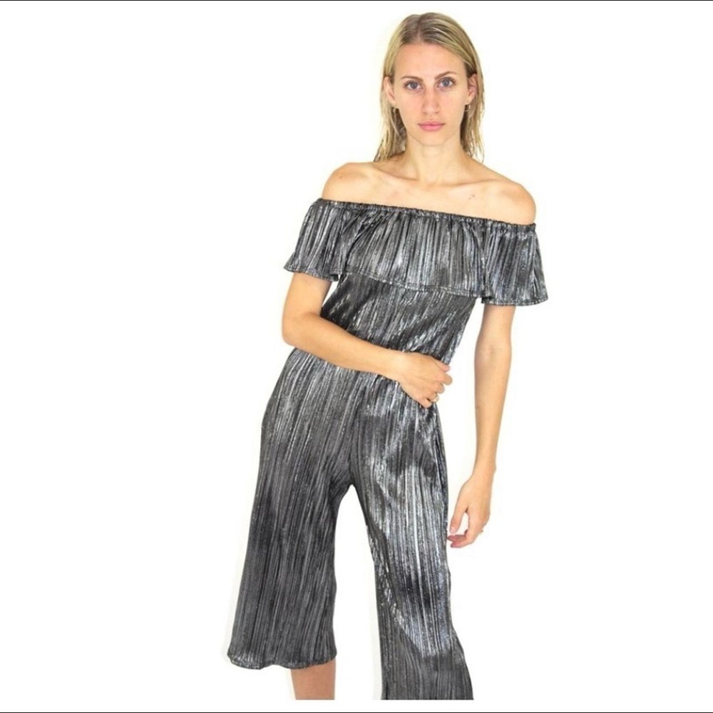 Metalic Silver Pleated Ruffle Jumpsuit
